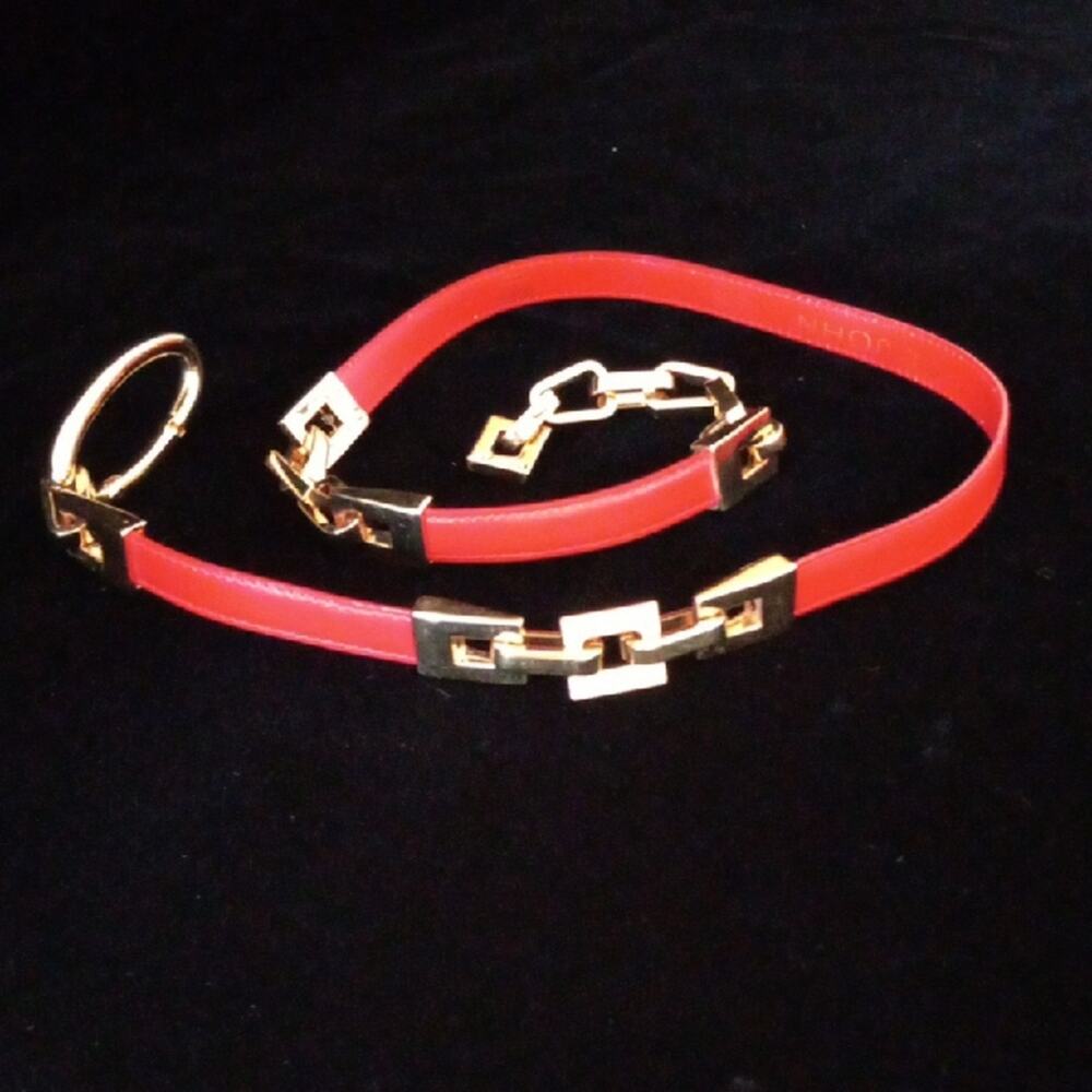 ST JOHN Gold Tone Link Red Leather Belt Made in Italy 32"-37" L